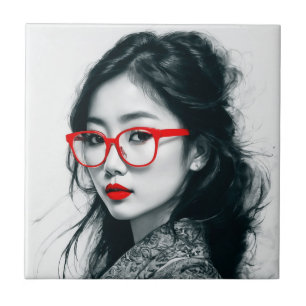 Black White Asian Lady Portrait Red Lips And Glass Tile