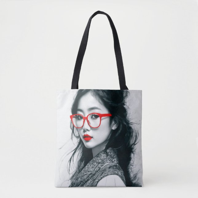 Black White Asian Lady Portrait Red Lips And Glass Tote Bag (Front)