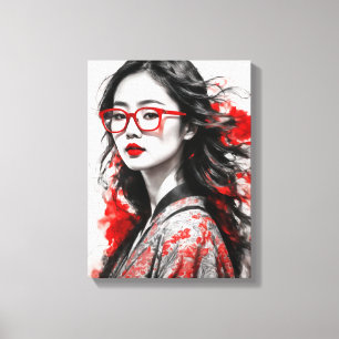 Black White Asian Woman Woman Drawing Canvas Print