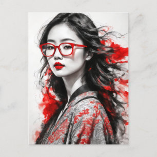 Black White Asian Woman Woman Drawing Postcard