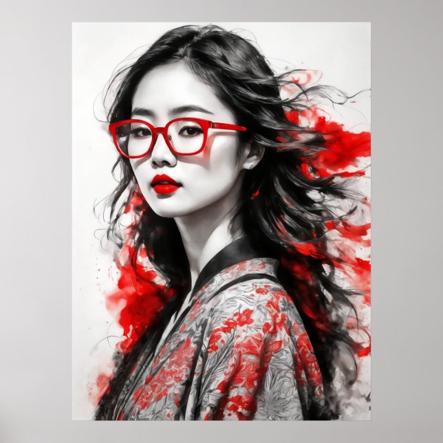 Black White Asian Woman Woman Drawing Poster (Front)