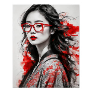 Black White Asian Woman Woman Drawing Poster