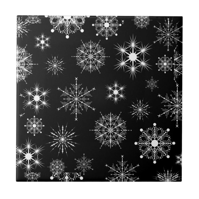 Black & White Assorted Christmas Snowflakes Tile (Front)
