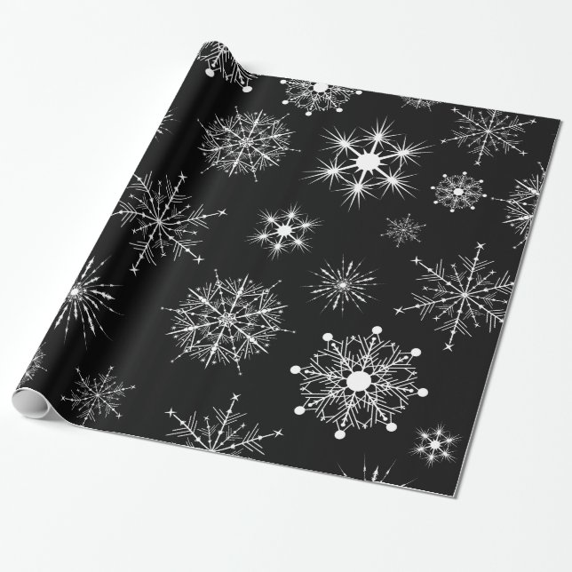 Black & White Assorted Christmas Snowflakes Wrapping Paper (Unrolled)