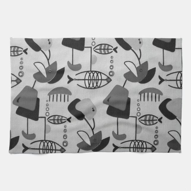 Black & White Atomic Pattern Kitchen Towel (Horizontal)