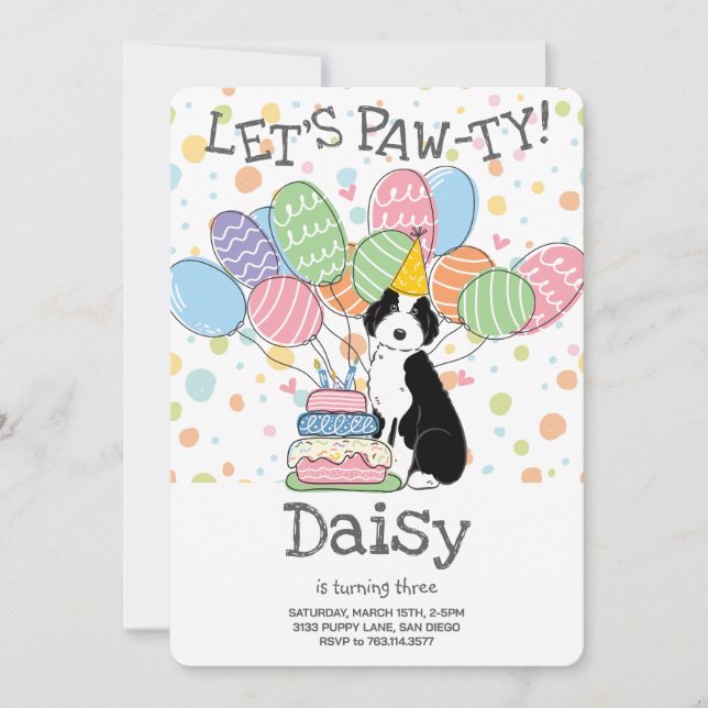 Black White Aussiedoodle Birthday Party Invitation (Front)