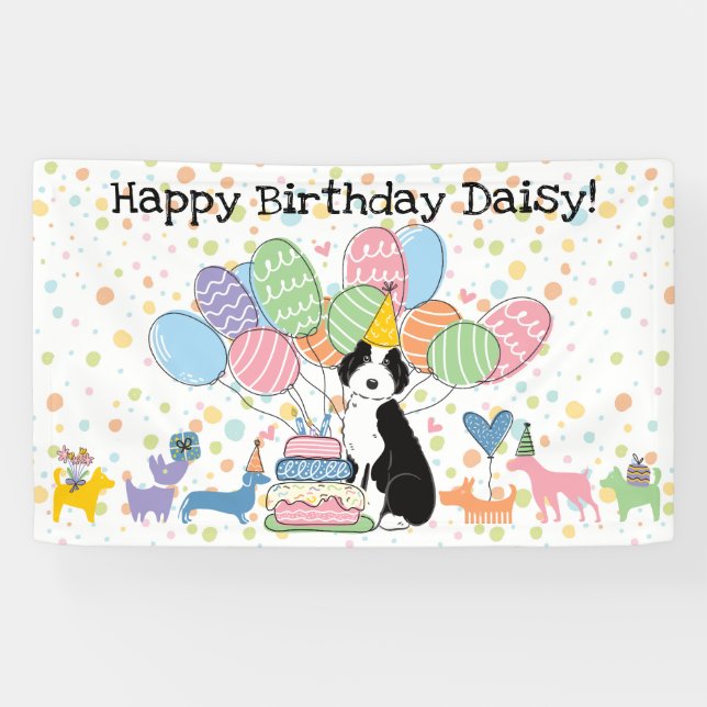 Black White Aussiedoodle Dog Birthday Party Banner (Horizontal)