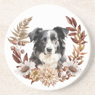 Black White Australian Shepherd Dog Autumn Wreath Coaster