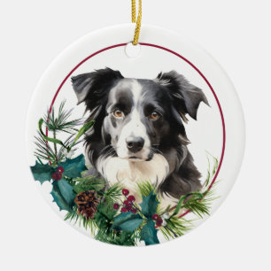 Black White Australian Shepherd Evergreen Wreath Ceramic Tree Decoration