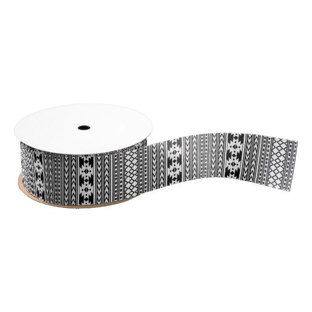 Black White Aztec Tribal Print Geometric Pattern Grosgrain Ribbon (Spool)
