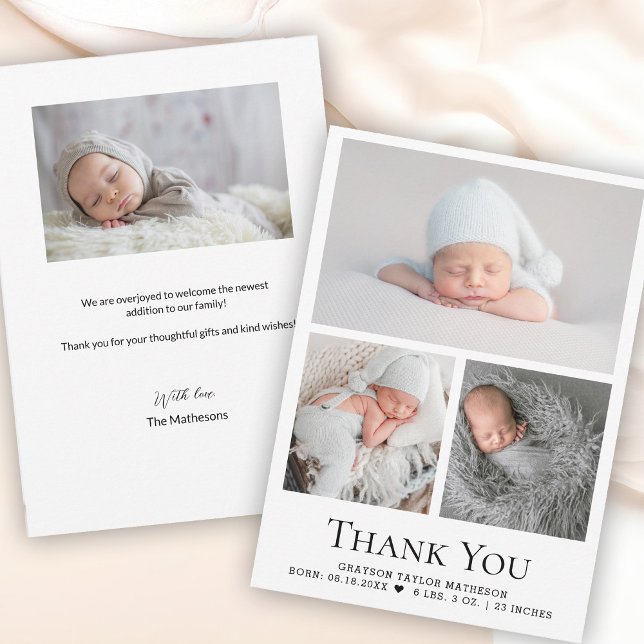 Black White Baby Boy Photo Grid Birth Stat Thank You Card (Cute baby newborn photos thank you and birth announcement cards.)