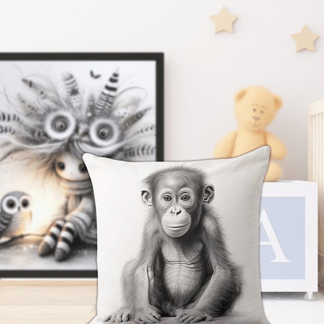 Black & White Baby Chimpanzee Square Throw Pillow (Creator Uploaded)