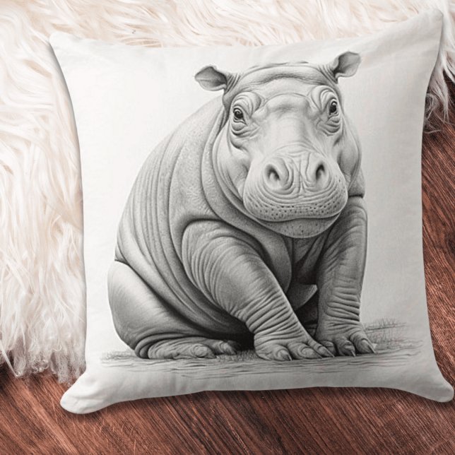 Black & White Baby Hippo Square Throw Pillow (Creator Uploaded)