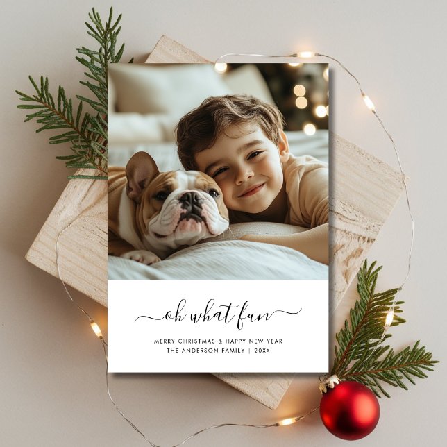 Black & White Baby Photo Oh What Fun Christmas Holiday Card (Creator Uploaded)