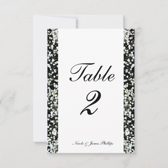 Black & White Babys Breath Wedding Table Cards (Front)
