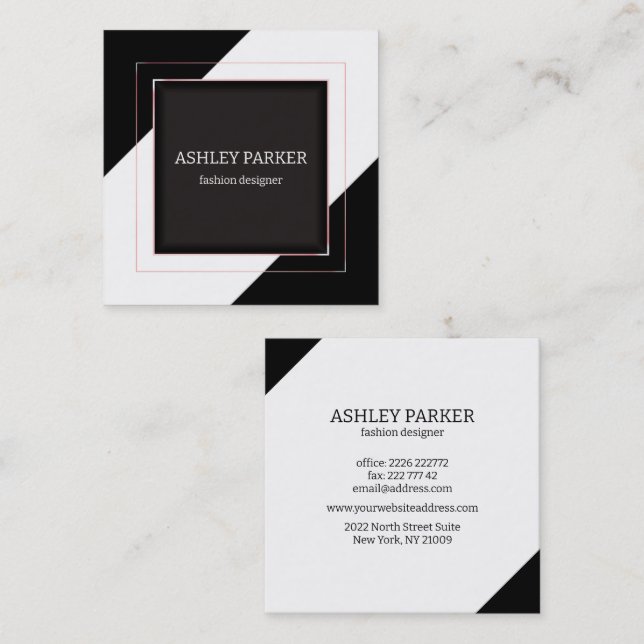 Black & White Background Rose Gold Frame  Square Business Card (Front/Back)