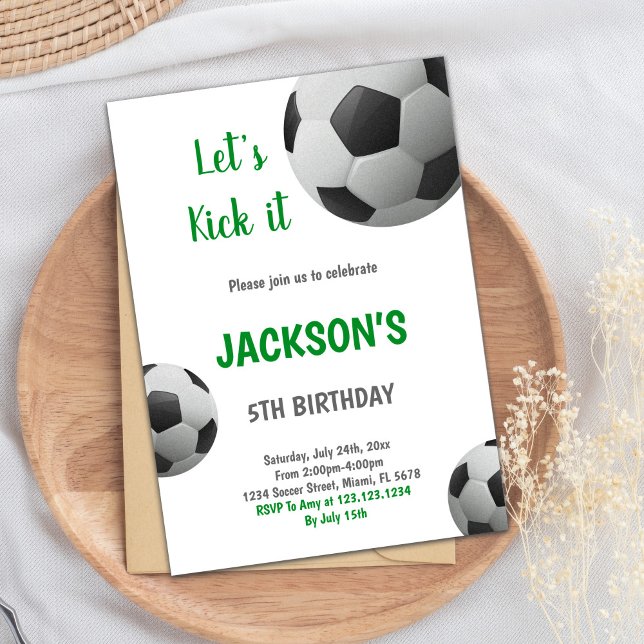 Black & White Ball with Green Text Design Invitation (Black and White Ball Green Text Soccer Invitation)