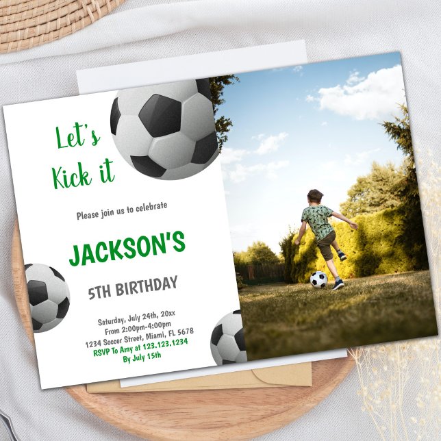 Black & White Ball with Green Text Soccer Photo Invitation (Black and White Ball Green Text Soccer photo Invitation)