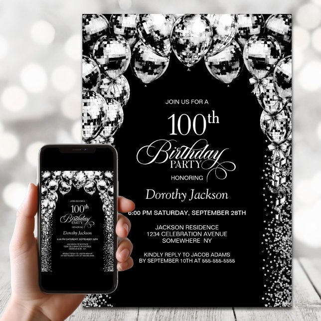 Black White Balloons 100th Birthday Party Invitation (Creator Uploaded)