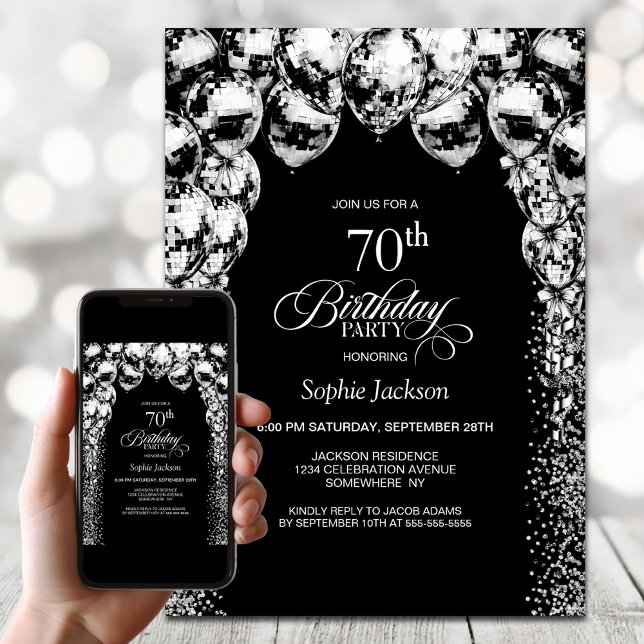 Black White Balloons 70th Birthday Party Invitation (Creator Uploaded)