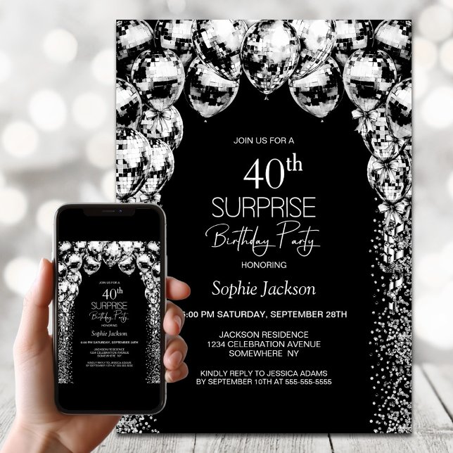 Black White Balloons Surprise 40th Birthday Party Invitation (Creator Uploaded)