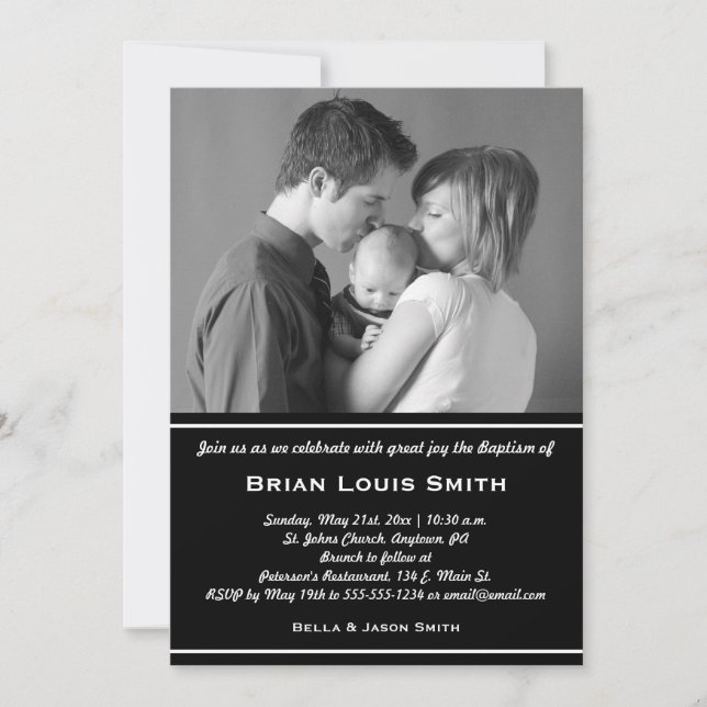 Black White Baptism Photo Invitation (Front)