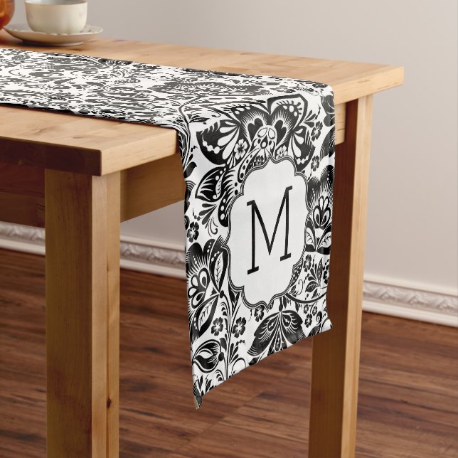 Black & White Baroque Damasks Monogram Medium Table Runner (In Situ)