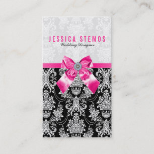 Black & White Baroque Damasks With Pink Bow Business Card