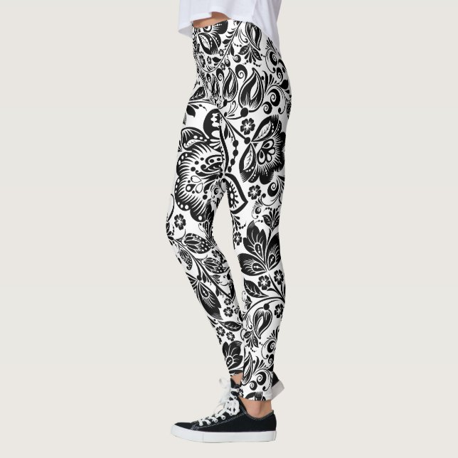 Black & White Baroque Floral Damasks Leggings (Left)