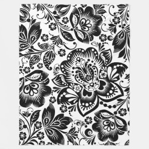 Black & White Baroque Floral Pattern Fleece Blanket