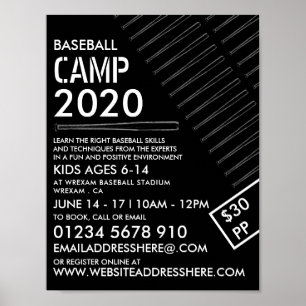 Black & White Baseball Bat, Baseball Camp Advert Poster