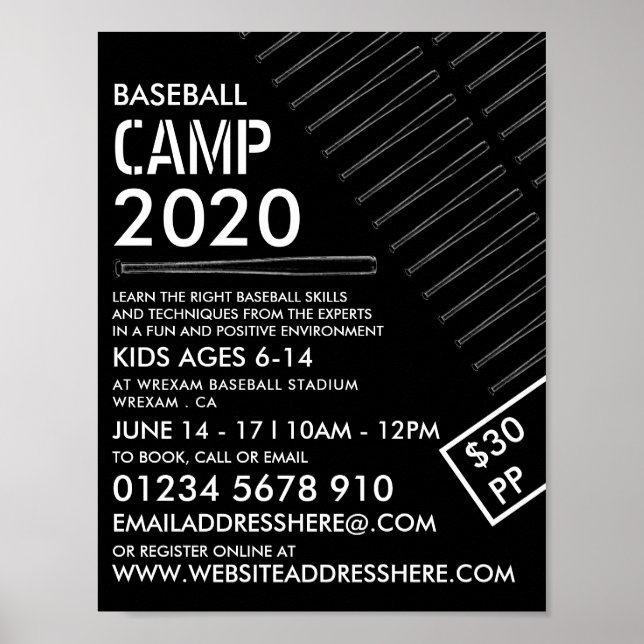 Black & White Baseball Bat, Baseball Camp Advert Poster (Front)