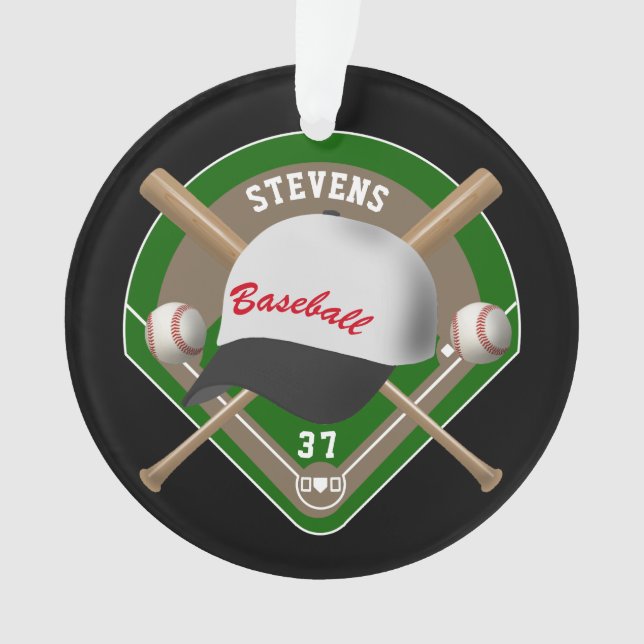 Black | White Baseball Diamond Player Name Number Ornament (Front)