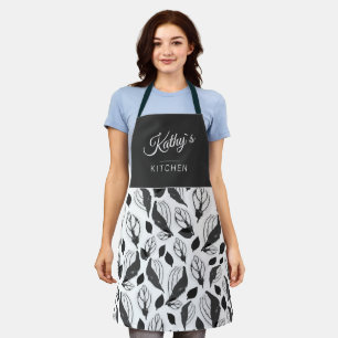 Black White Basil Herb Leaf Pattern Botanical Name Apron