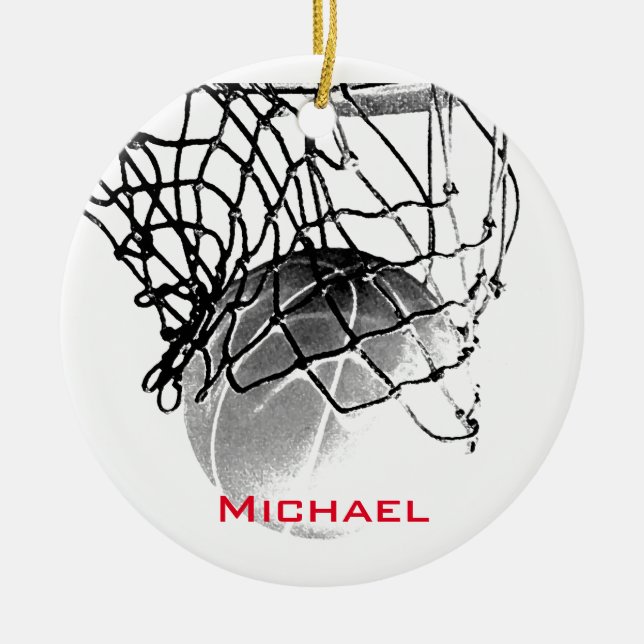 Black & White Basketball Add Your Name Ceramic Tree Decoration (Front)