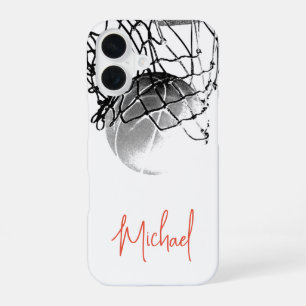 Black & White Basketball Ball & Net Your Name iPhone 16 Case