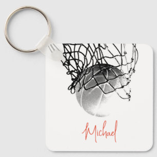 Black & White Basketball Ball & Net Your Name Key Ring