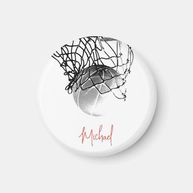 Black & White Basketball Ball & Net Your Name Magnet (Front)