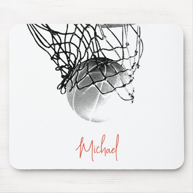 Black & White Basketball Ball & Net Your Name Mouse Mat (Front)