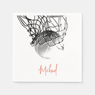 Black & White Basketball Ball & Net Your Name Napkin