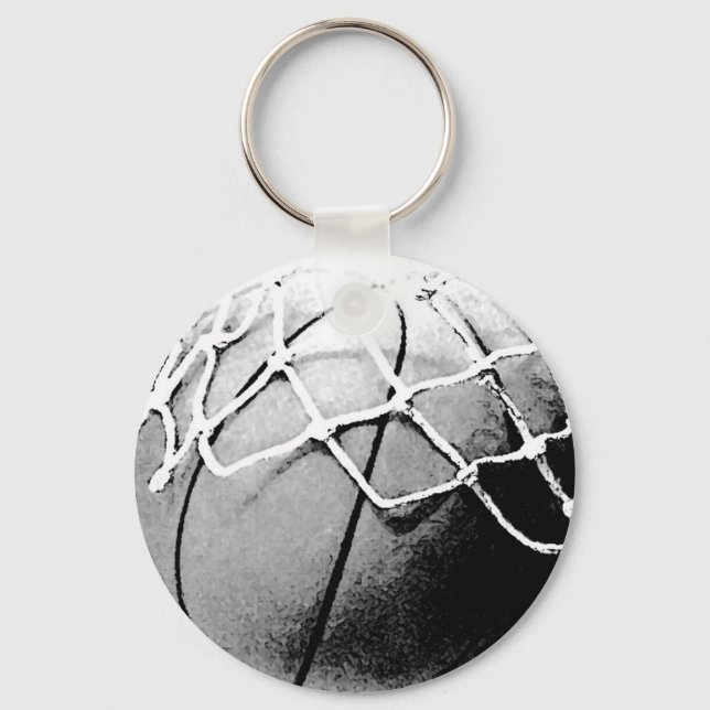 Black & White Basketball, Hoop, Net Keychain (Front)