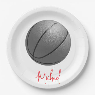 Black & White Basketball Your Name Custom Paper Plate