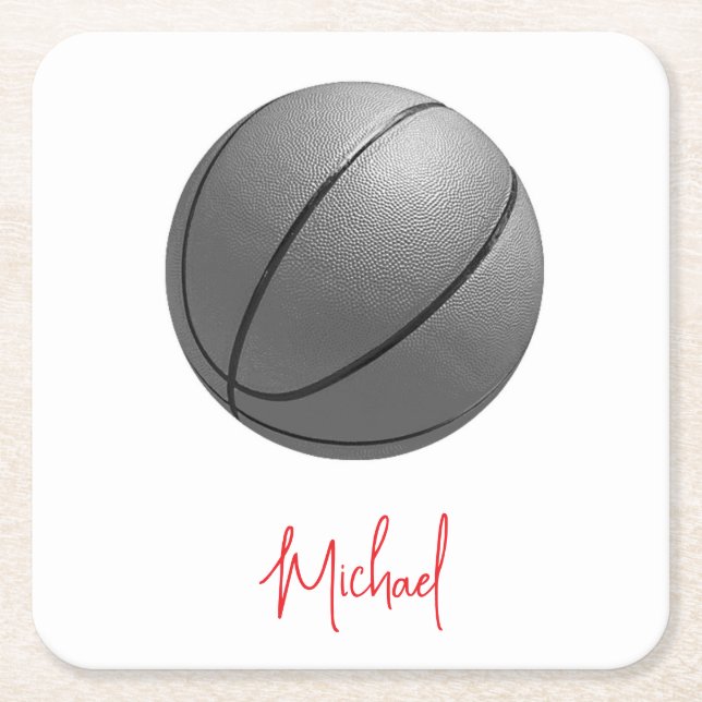 Black & White Basketball Your Name Custom Square Paper Coaster (Front)