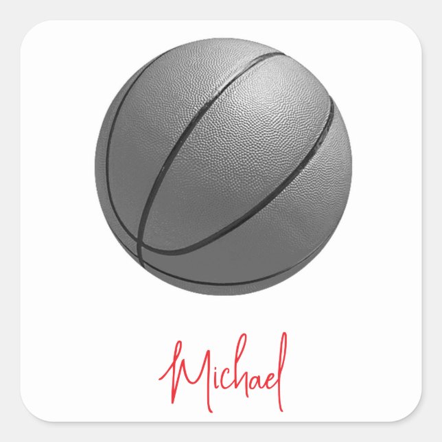 Black & White Basketball Your Name Custom Square Sticker (Front)