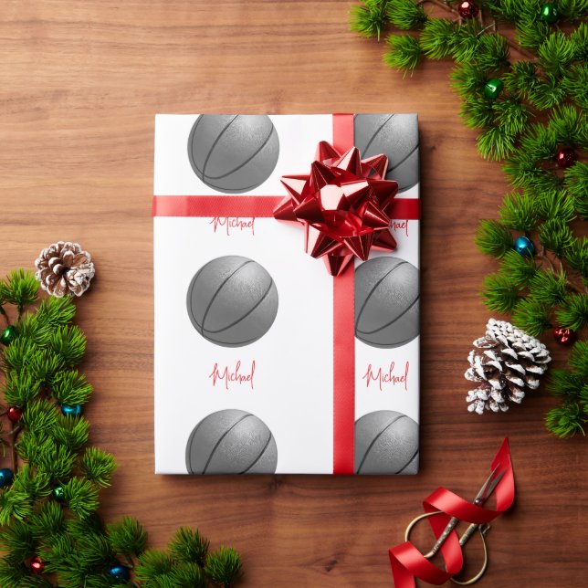 Black & White Basketball Your Name Custom Wrapping Paper (Holiday Gift)
