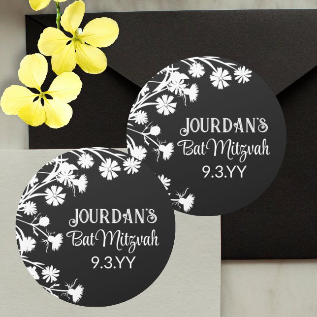 Black White Bat Mitzvah Party Favour Classic Round Sticker (round bat mitzvah party stickers labels, black and white floral flowers)