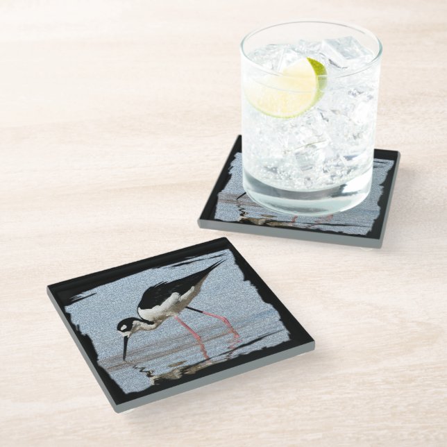 Black White Beach Animal Photo Wading Bird Glass Coaster (Angled)