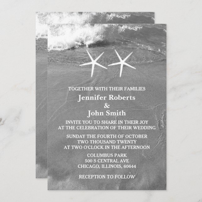 Black White Beach Photo Starfish QR Code Wedding Invitation (Front/Back)