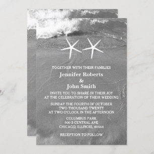 Black White Beach Photo Starfish QR Code Wedding Invitation