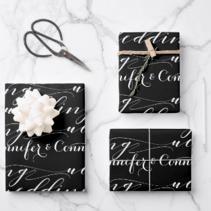 Black White Beautiful Calligraphy Add Name Wedding Wrapping Paper Sheet